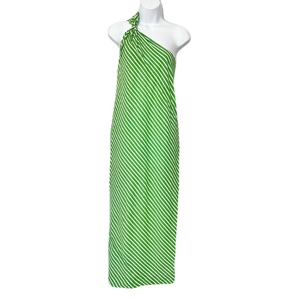 Vintage Halston Saks Fifth Avenue Green & White Striped Crepe One Shoulder Dress